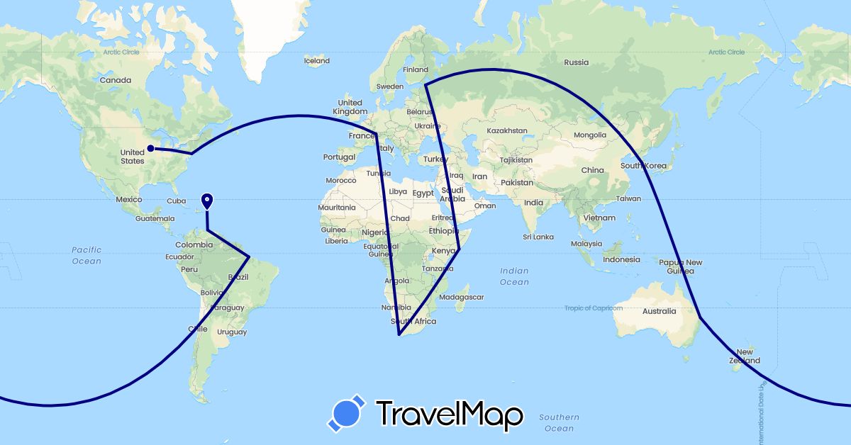 TravelMap itinerary: driving in Australia, Brazil, Switzerland, France, South Korea, Russia, Somalia, United States, Venezuela, South Africa (Africa, Asia, Europe, North America, Oceania, South America)